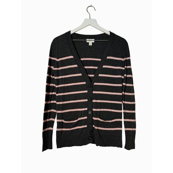 Ann Taylor Loft Cardigan Womens Medium Striped Button-Front Gray Pink Stripes - Picture 1 of 8